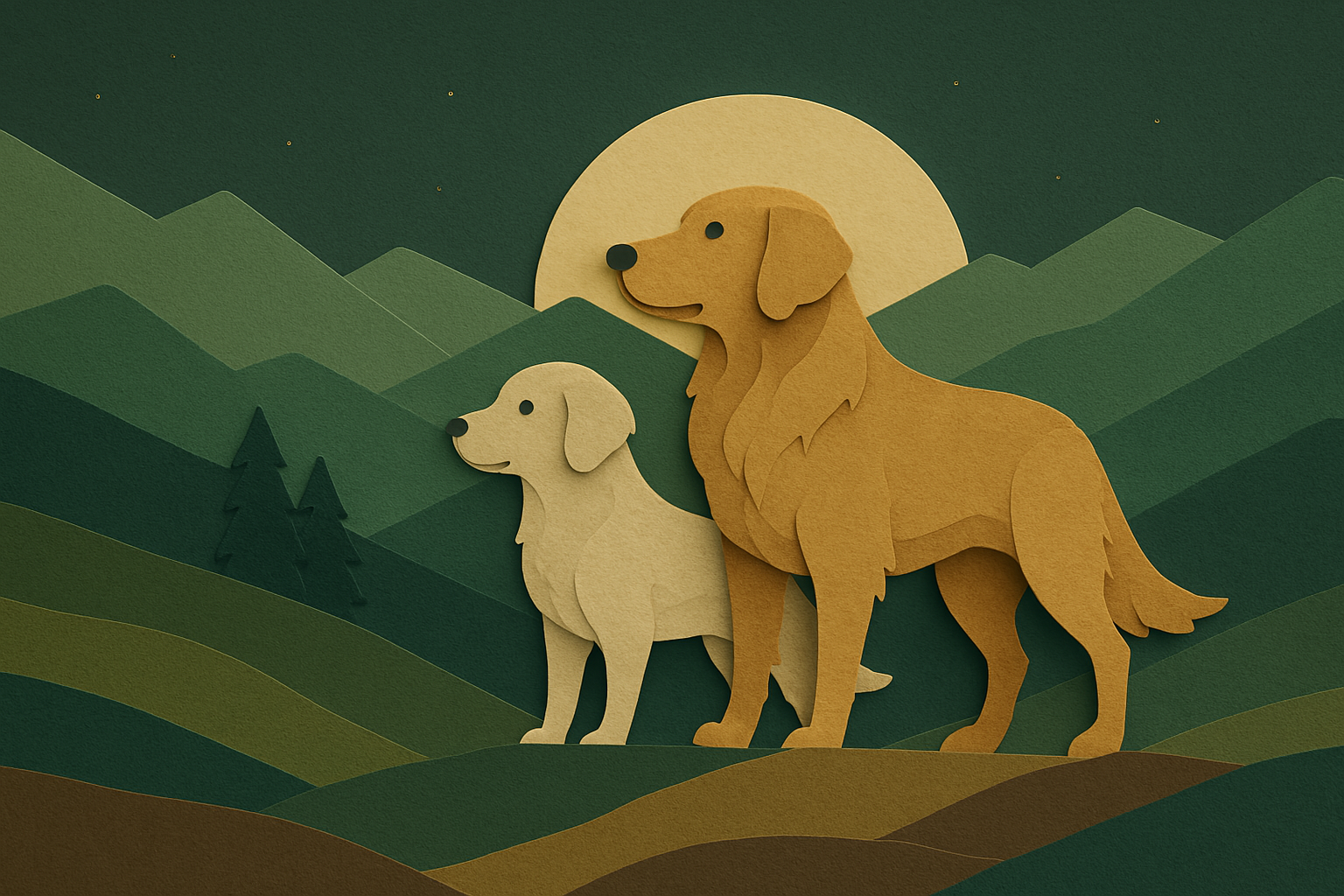 Mountain landscape with golden retriever papercraft